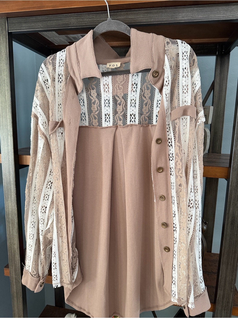 POL Women's Blush Taupe Lace-Trim Button Front Jacket nwot ptp 26 - Picture 3 of 3